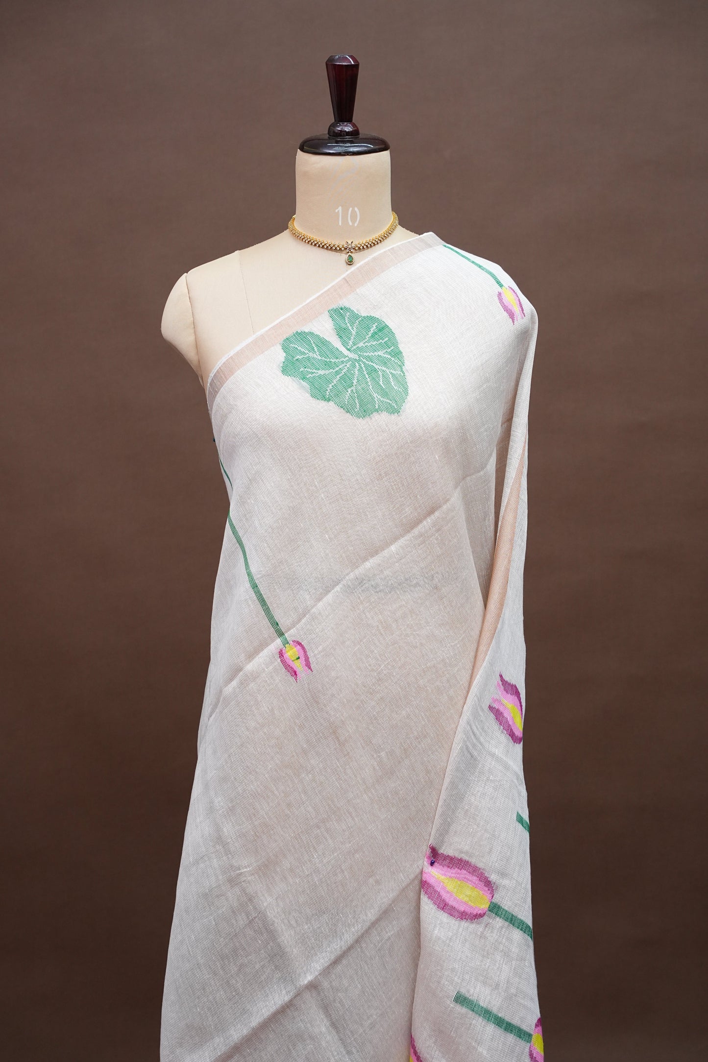 Pure Silk Linen Tissue Handwoven Jamdani Saree – Ivory White with Lotus Motifs