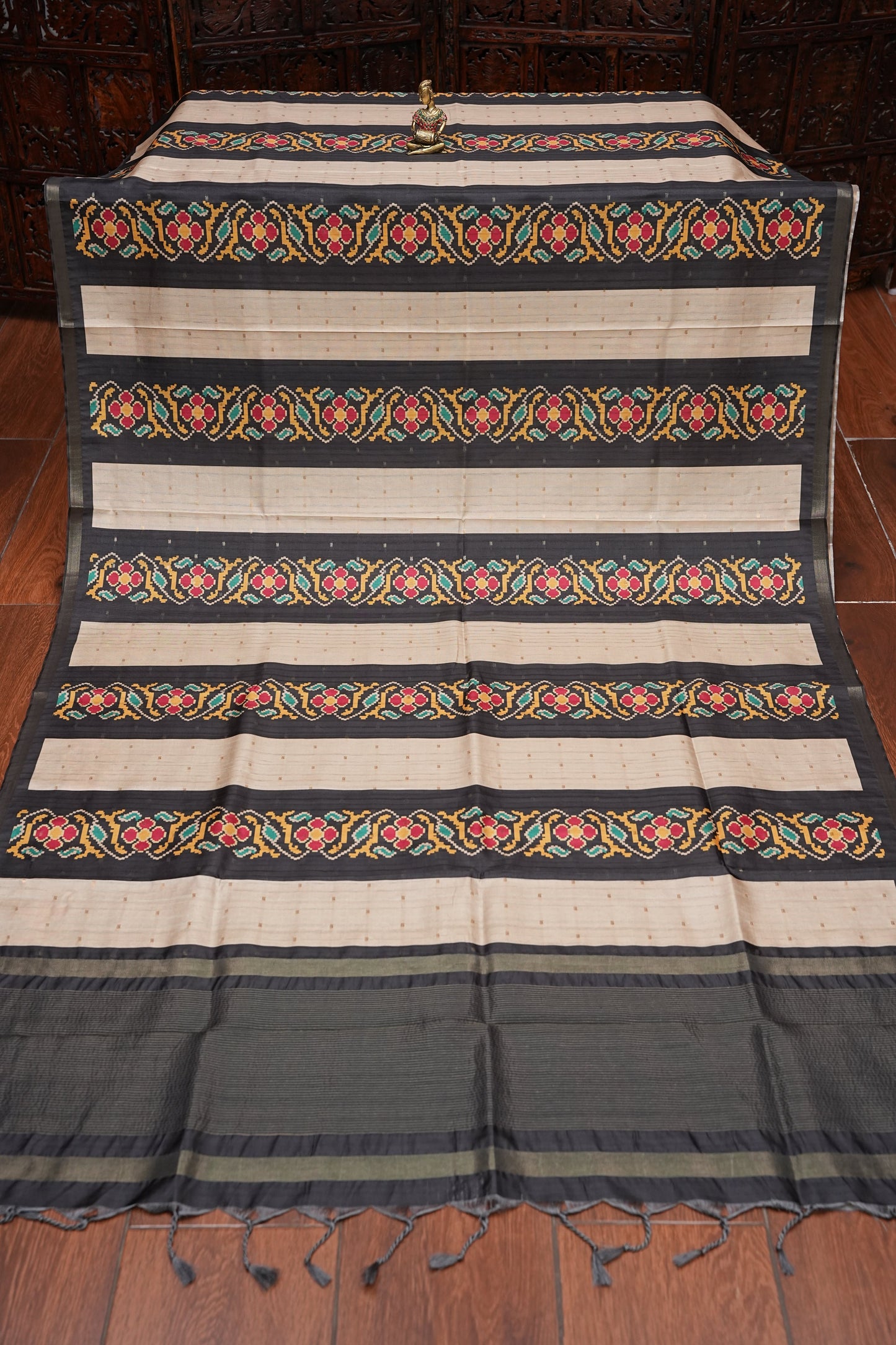 Semi Raw Silk Saree with Patola Prints & Striped Design – Black & Beige