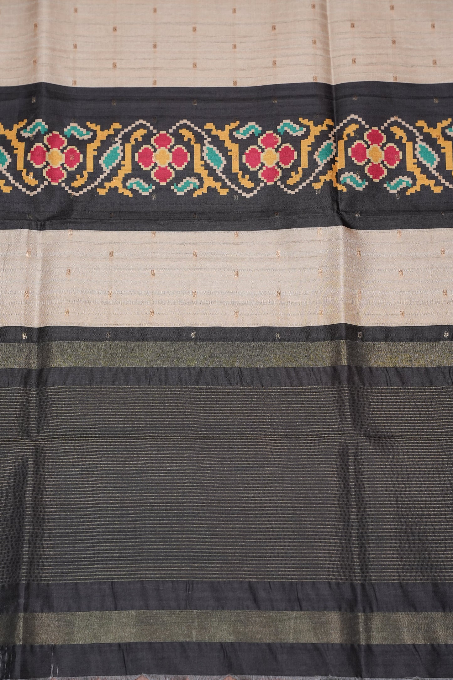 Semi Raw Silk Saree with Patola Prints & Striped Design – Black & Beige