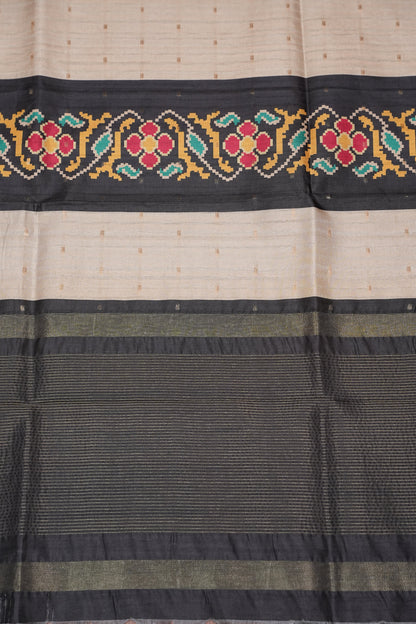 Semi Raw Silk Saree with Patola Prints & Striped Design – Black & Beige