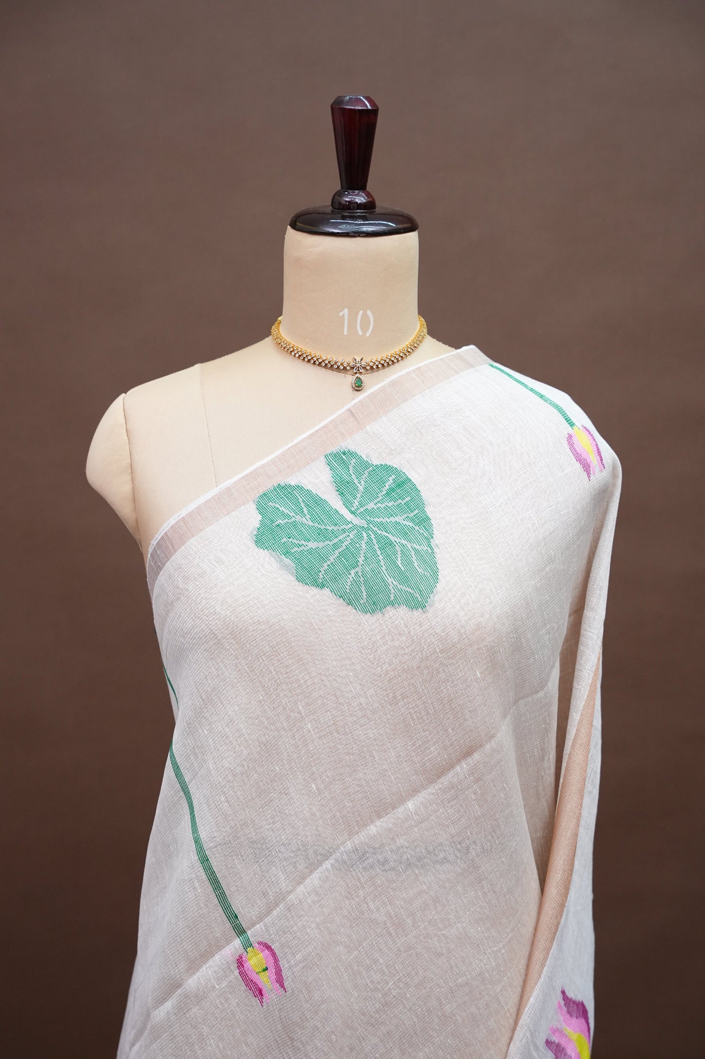 Pure Silk Linen Tissue Handwoven Jamdani Saree – Ivory White with Lotus Motifs