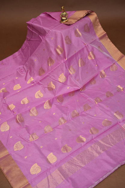 Pure Chanderi Silk Saree with Zari Buttas & Tissue Border - Soft Pink