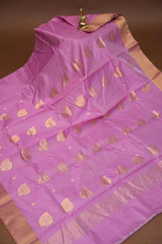 Pure Chanderi Silk Saree with Zari Buttas & Tissue Border - Soft Pink