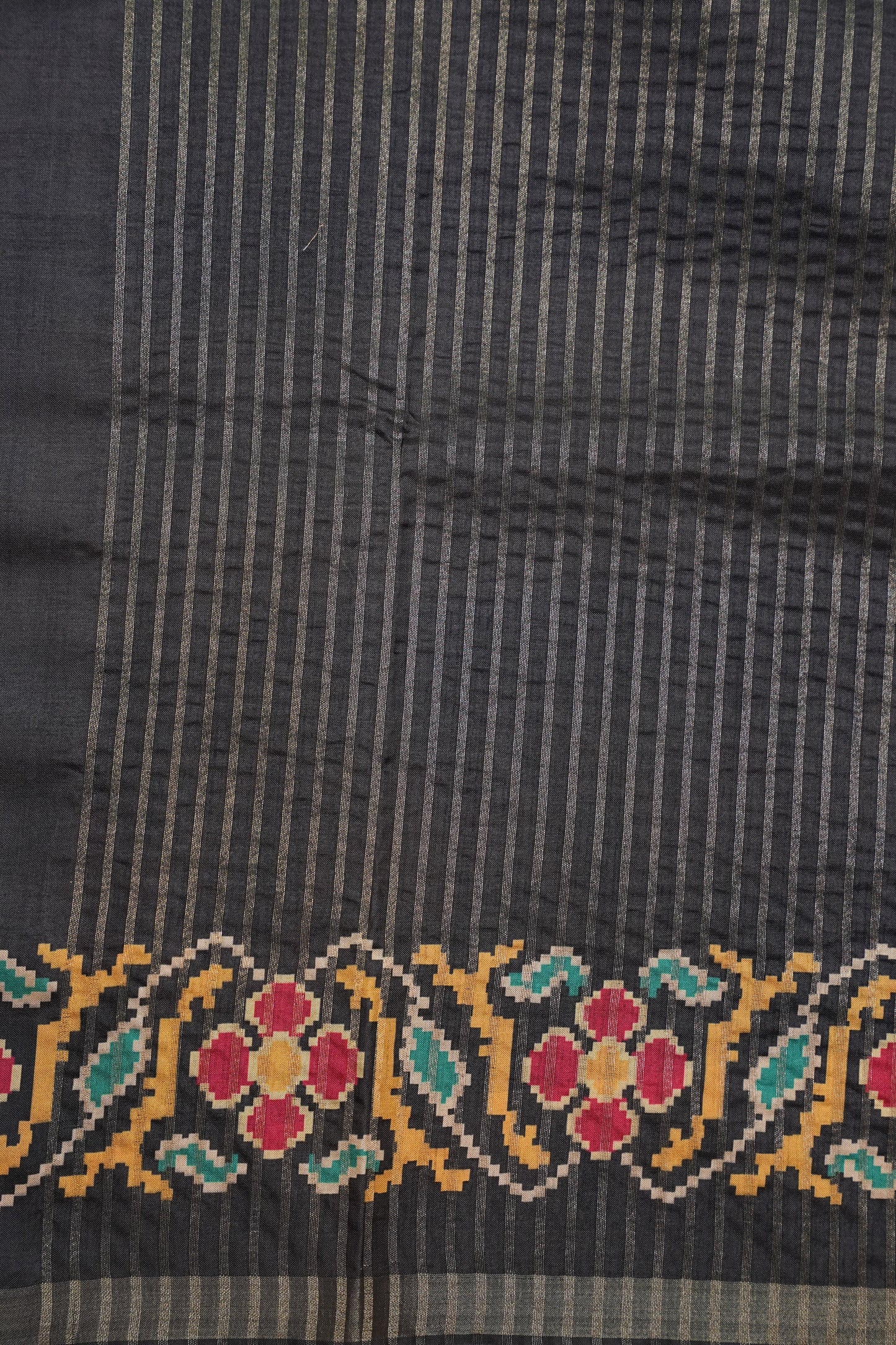 Semi Raw Silk Saree with Patola Prints & Striped Design – Black & Beige