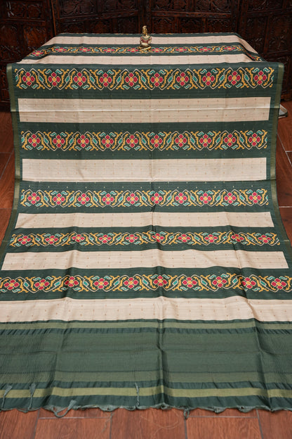 Semi Raw Silk Saree with Patola Prints & Striped Design – Bottle Green & Beige