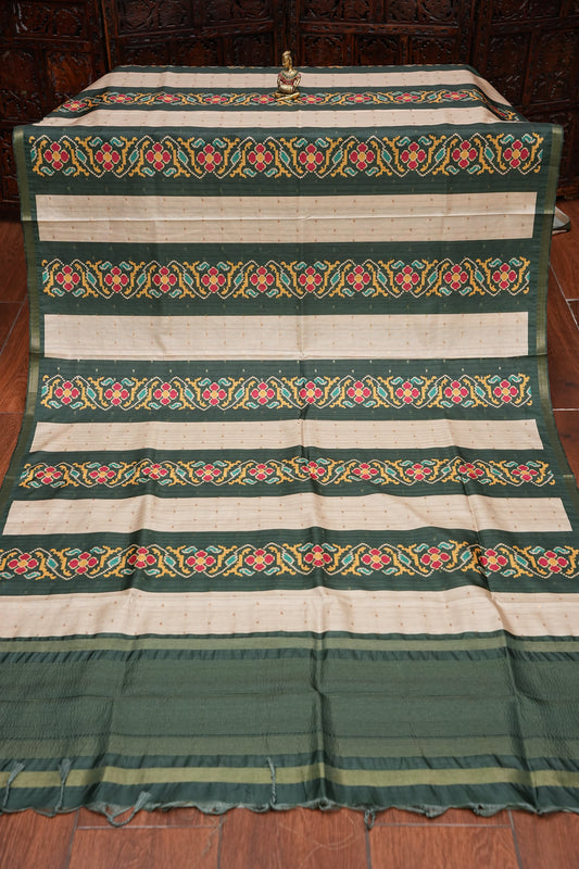 Semi Raw Silk Saree with Patola Prints & Striped Design – Bottle Green & Beige