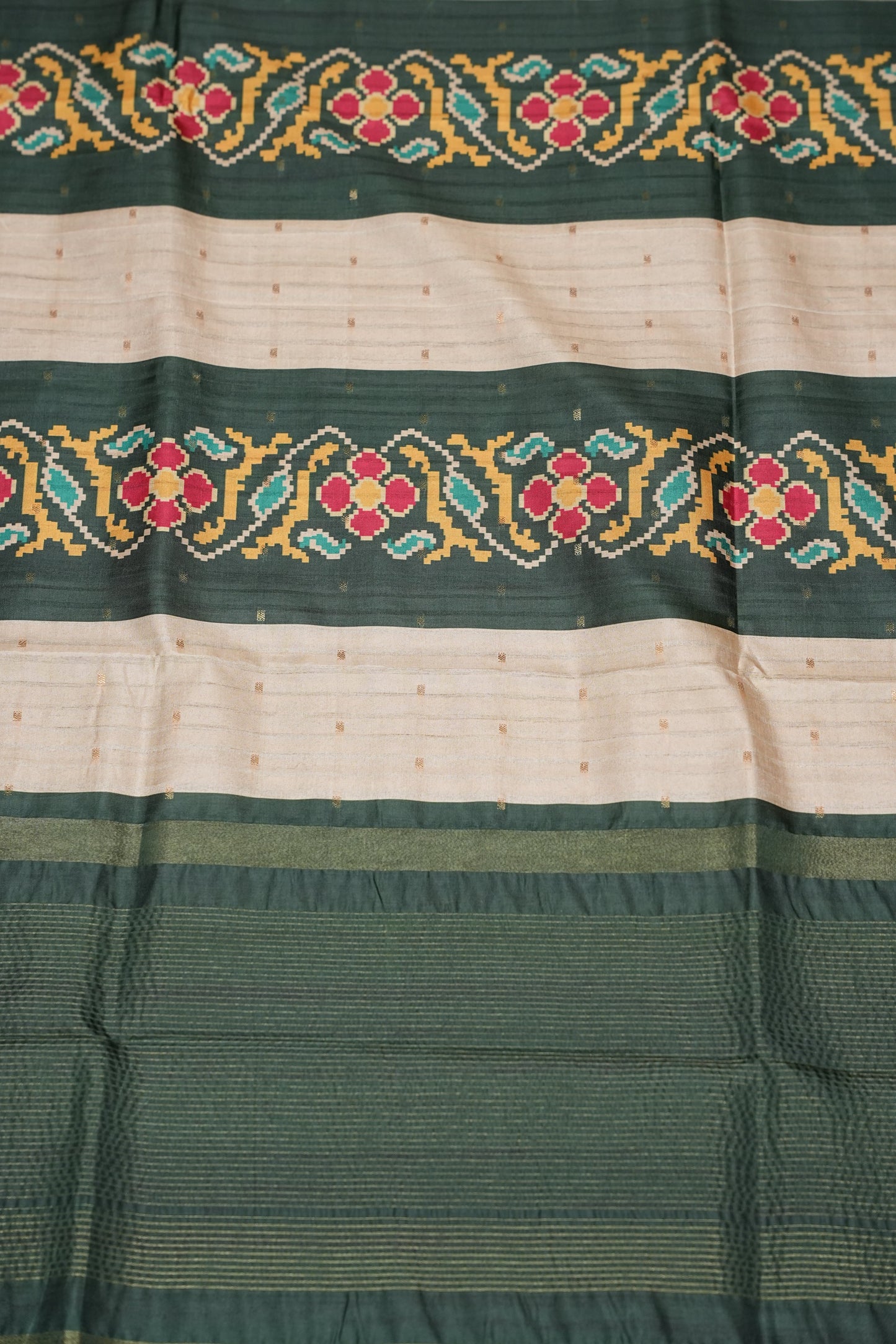 Semi Raw Silk Saree with Patola Prints & Striped Design – Bottle Green & Beige