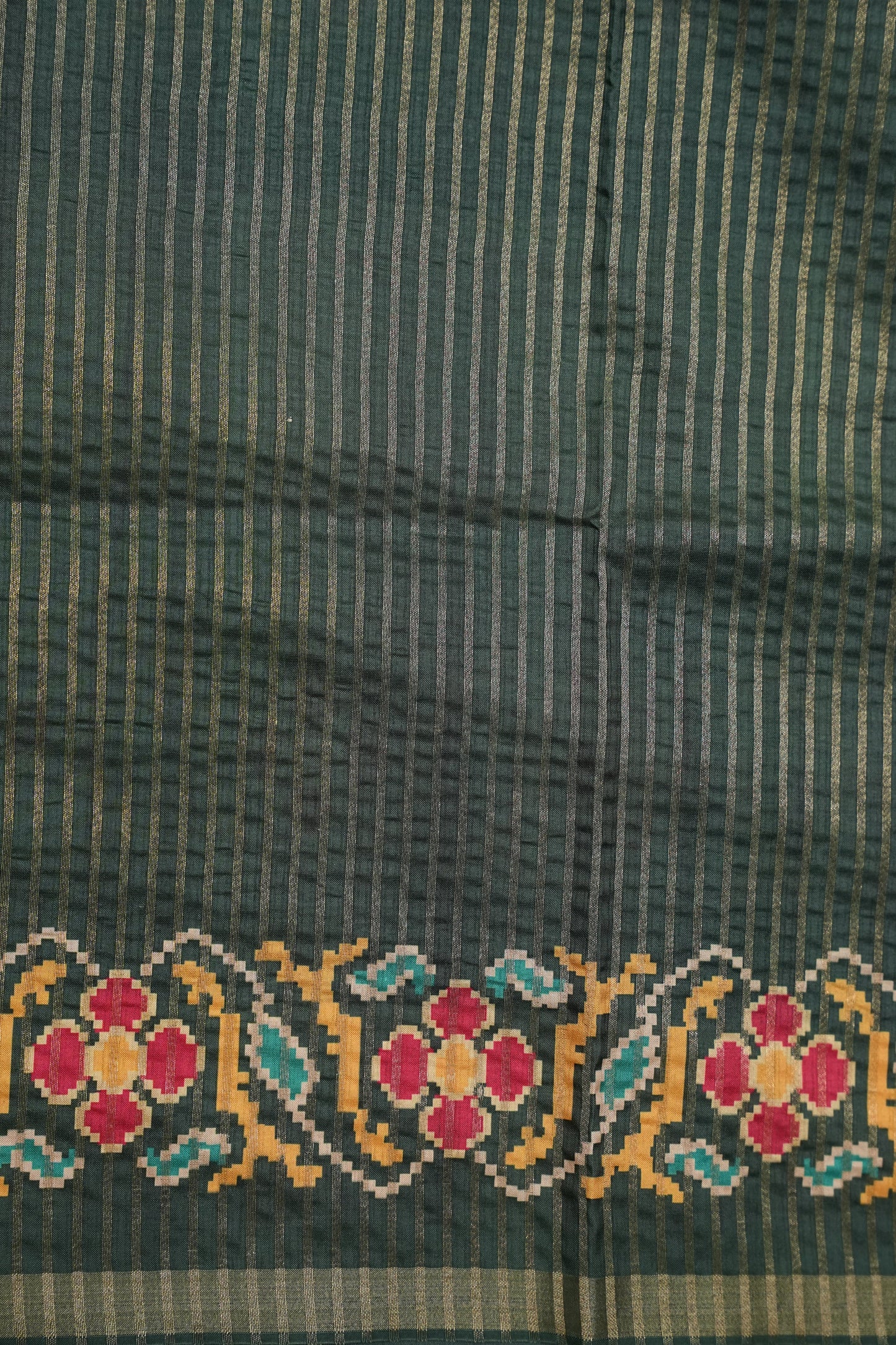 Semi Raw Silk Saree with Patola Prints & Striped Design – Bottle Green & Beige
