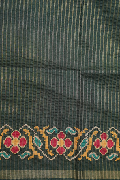 Semi Raw Silk Saree with Patola Prints & Striped Design – Bottle Green & Beige