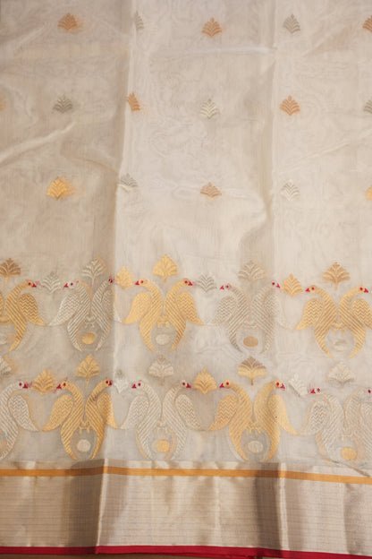 Pure Chanderi Silk Saree with Zari Buttas & Tissue Border - White