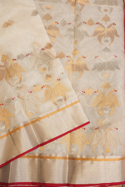 Pure Chanderi Silk Saree with Zari Buttas & Tissue Border - White