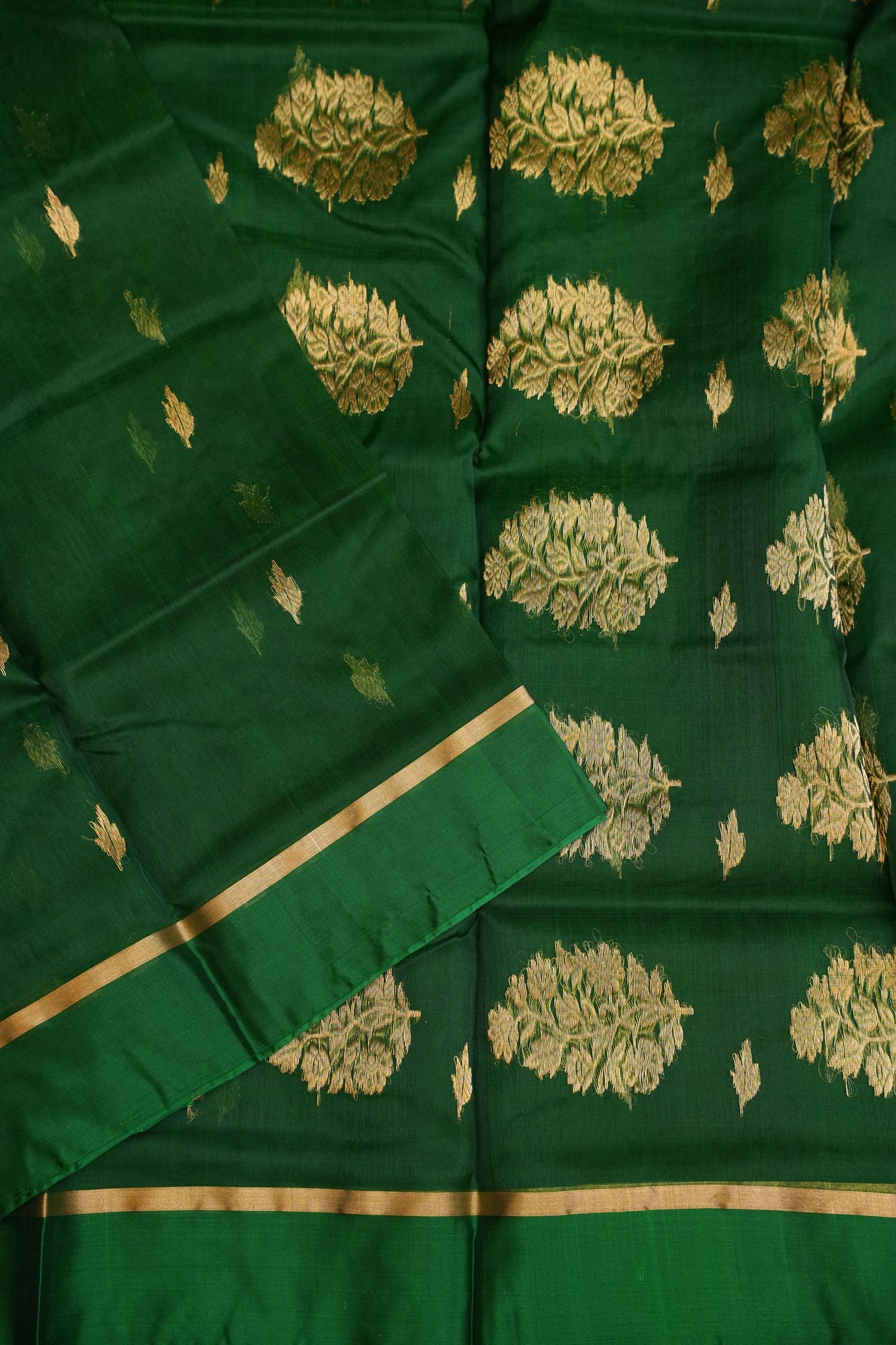 Pure Chanderi Silk Saree with Zari Buttas & Tissue Border - Emerald Green