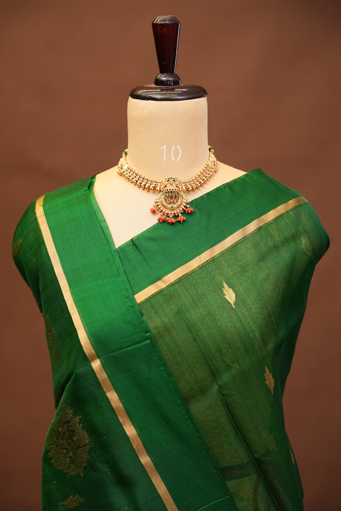 Pure Chanderi Silk Saree with Zari Buttas & Tissue Border - Emerald Green