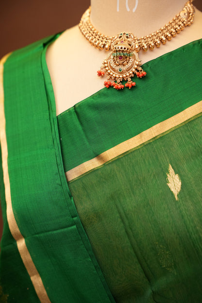 Pure Chanderi Silk Saree with Zari Buttas & Tissue Border - Emerald Green