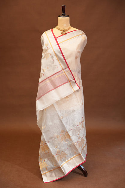 Pure Chanderi Silk Saree with Zari Buttas & Tissue Border - White