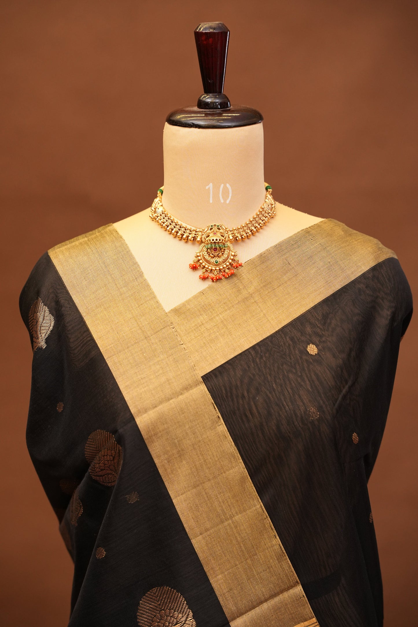 Pure Chanderi Silk Saree with Zari Buttas & Tissue Border - Black