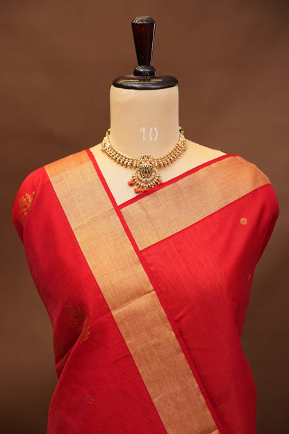 Pure Chanderi Silk Saree with Zari Buttas & Tissue Border - Red