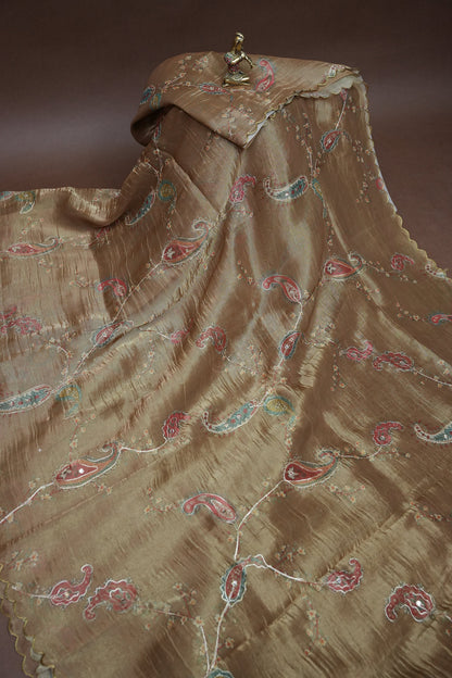 Gold Shade Glass Tissue Organza Designer Party Wear Saree