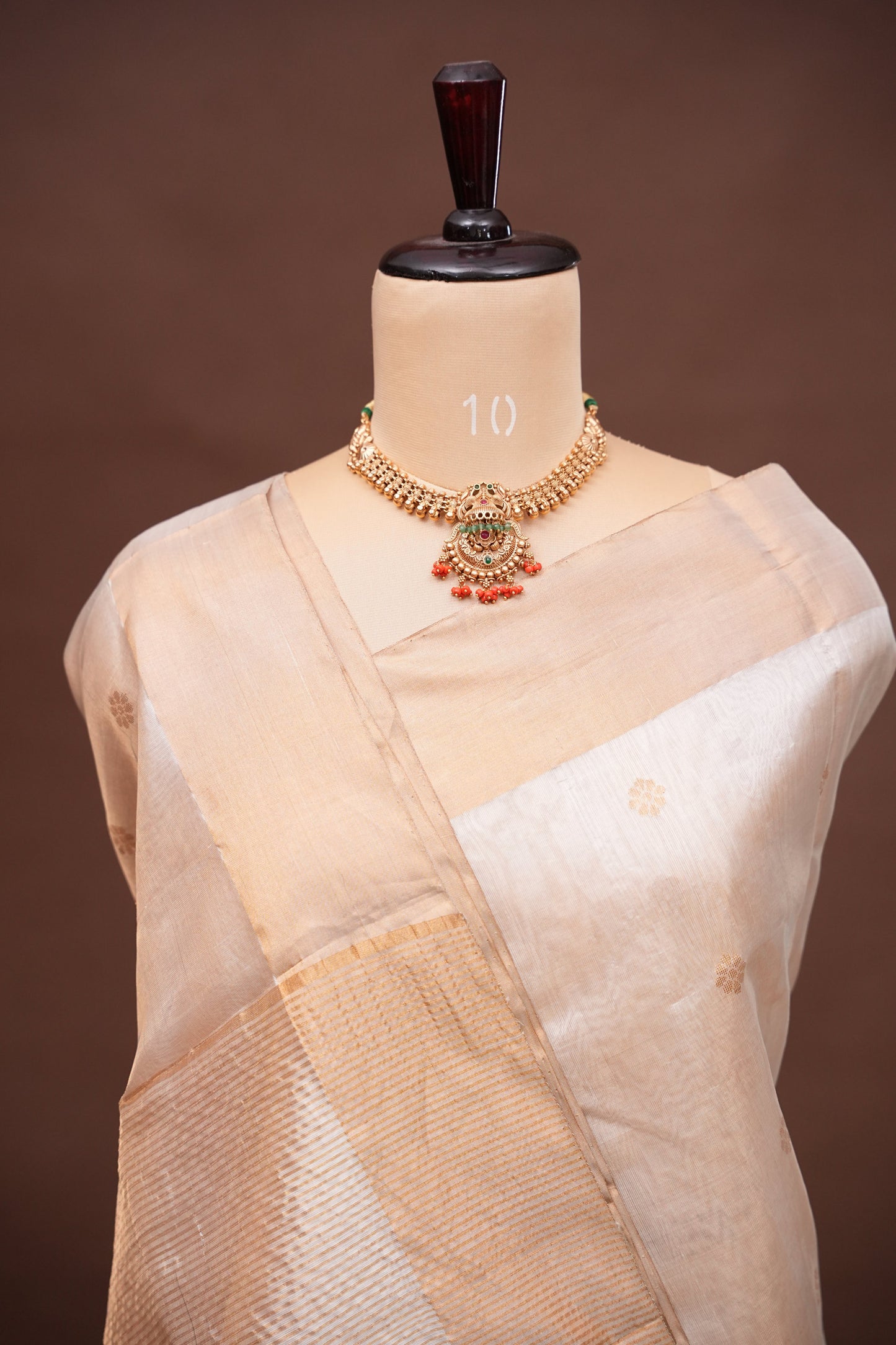 Pure Chanderi Silk Saree with Zari Buttas & Tissue Border - White & Gold