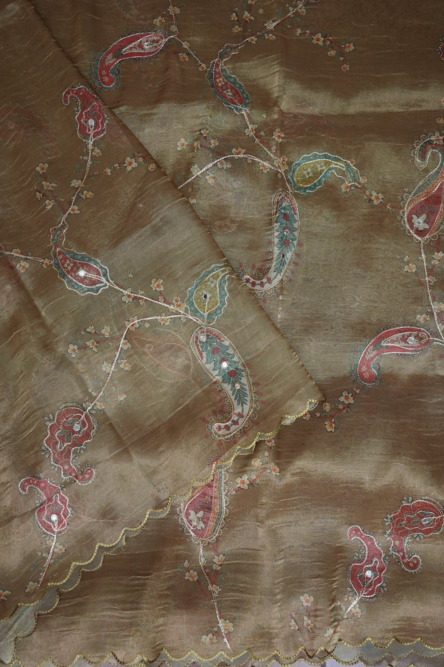 Gold Shade Glass Tissue Organza Designer Party Wear Saree