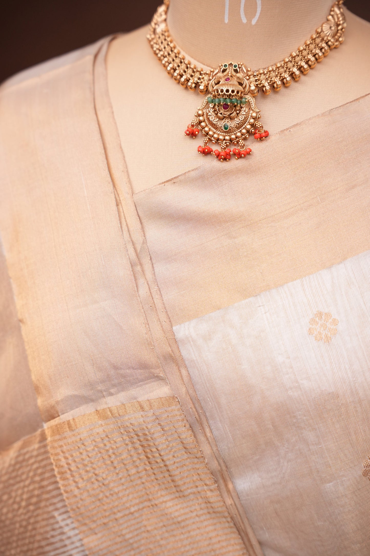 Pure Chanderi Silk Saree with Zari Buttas & Tissue Border - White & Gold