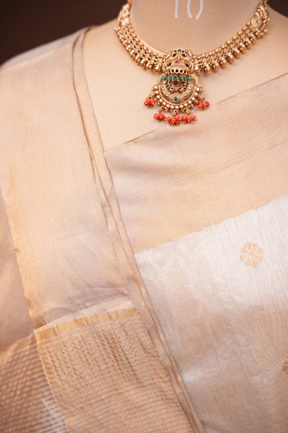 Pure Chanderi Silk Saree with Zari Buttas & Tissue Border - White & Gold