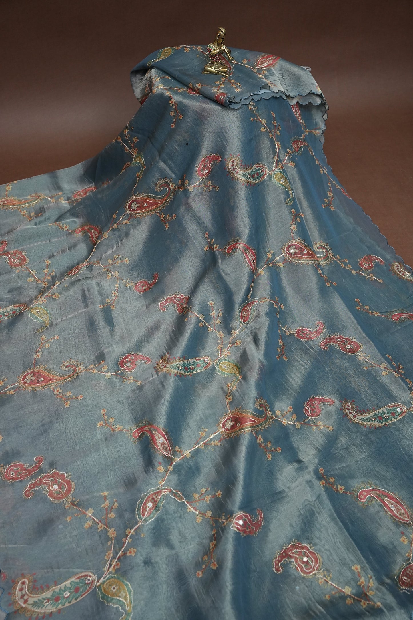 Glass Tissue Organza Designer Party Wear Saree with Digital Floral Prints -Dusty Blue