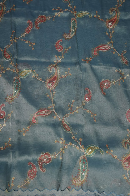 Glass Tissue Organza Designer Party Wear Saree with Digital Floral Prints -Dusty Blue