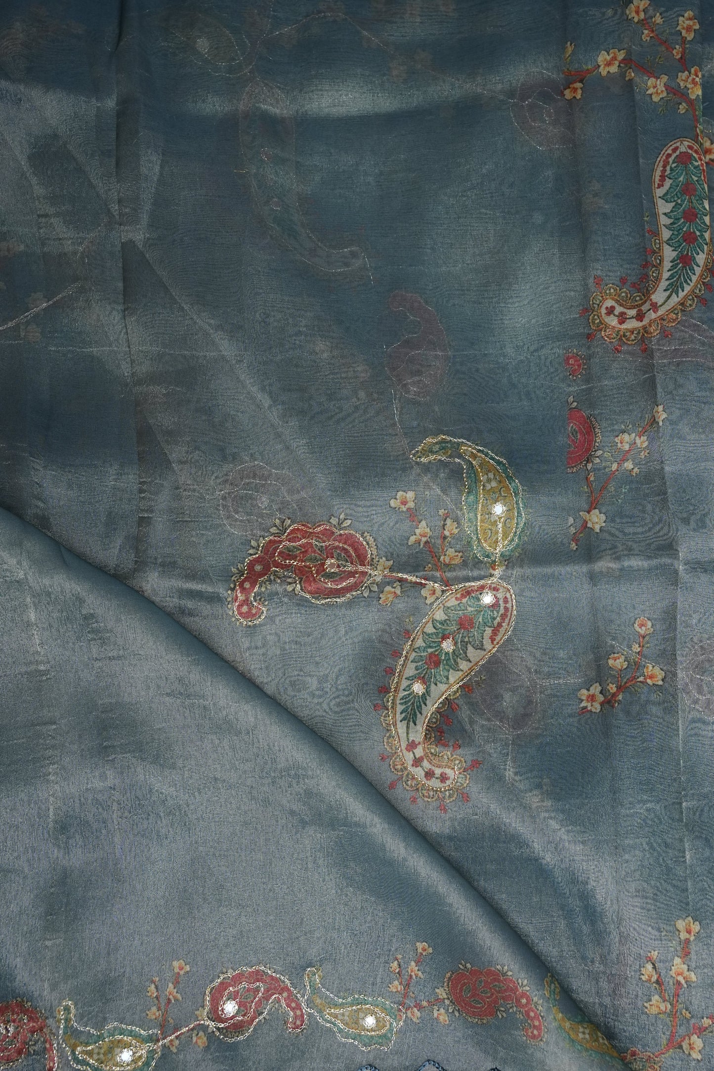 Glass Tissue Organza Designer Party Wear Saree with Digital Floral Prints -Dusty Blue