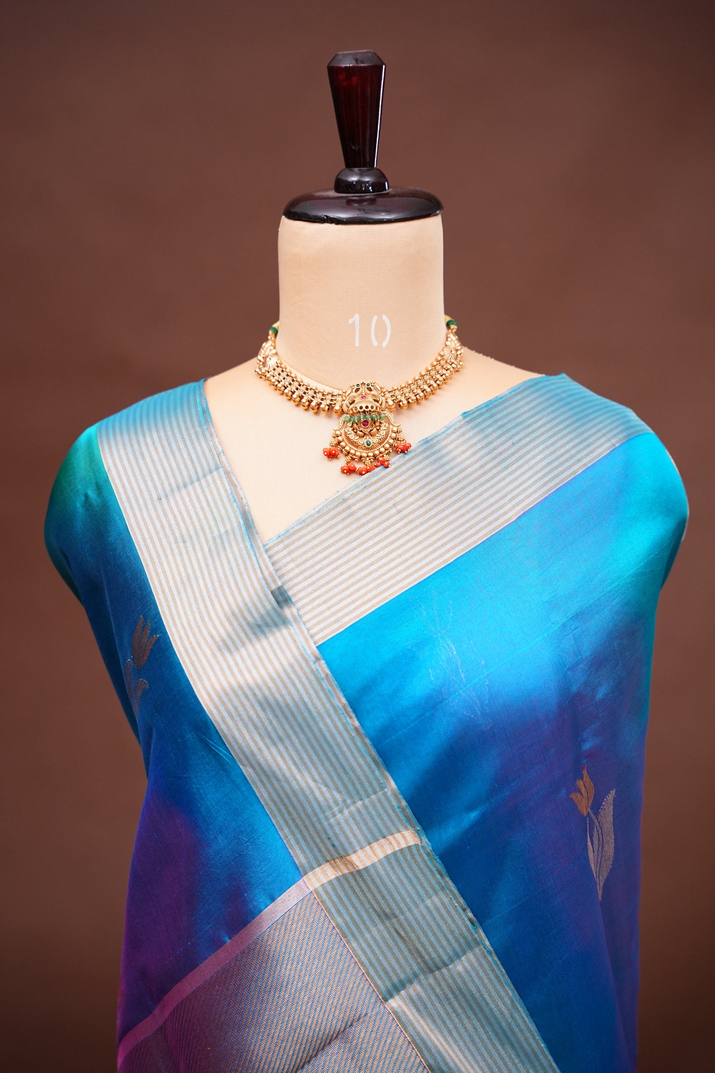 Pure Chanderi Silk Saree with Zari Buttas & Tissue Border - Dual Tone Blue