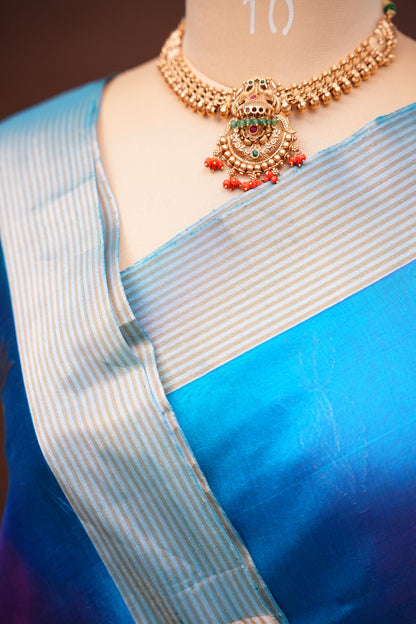 Pure Chanderi Silk Saree with Zari Buttas & Tissue Border - Dual Tone Blue