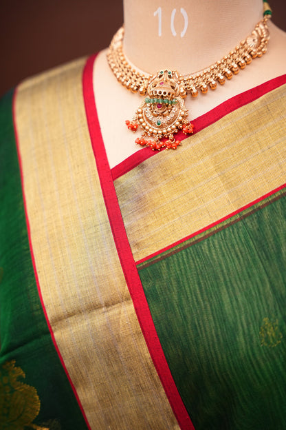 Pure Chanderi Silk Saree with Zari Buttas & Tissue Border - Dark Green