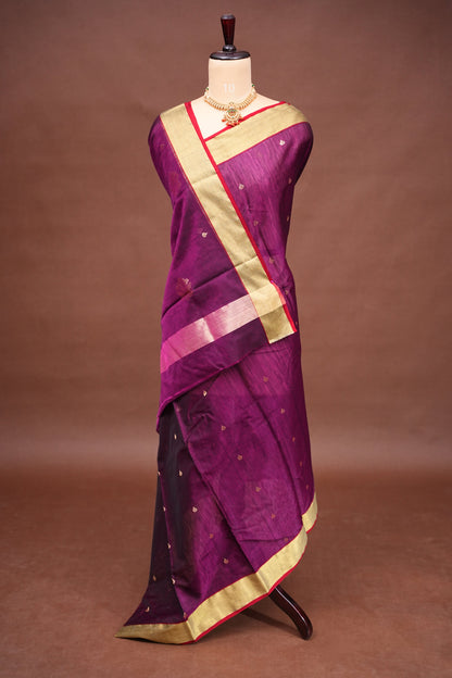 Pure Chanderi Silk Saree with Zari Buttas & Tissue Border - Dark Pink