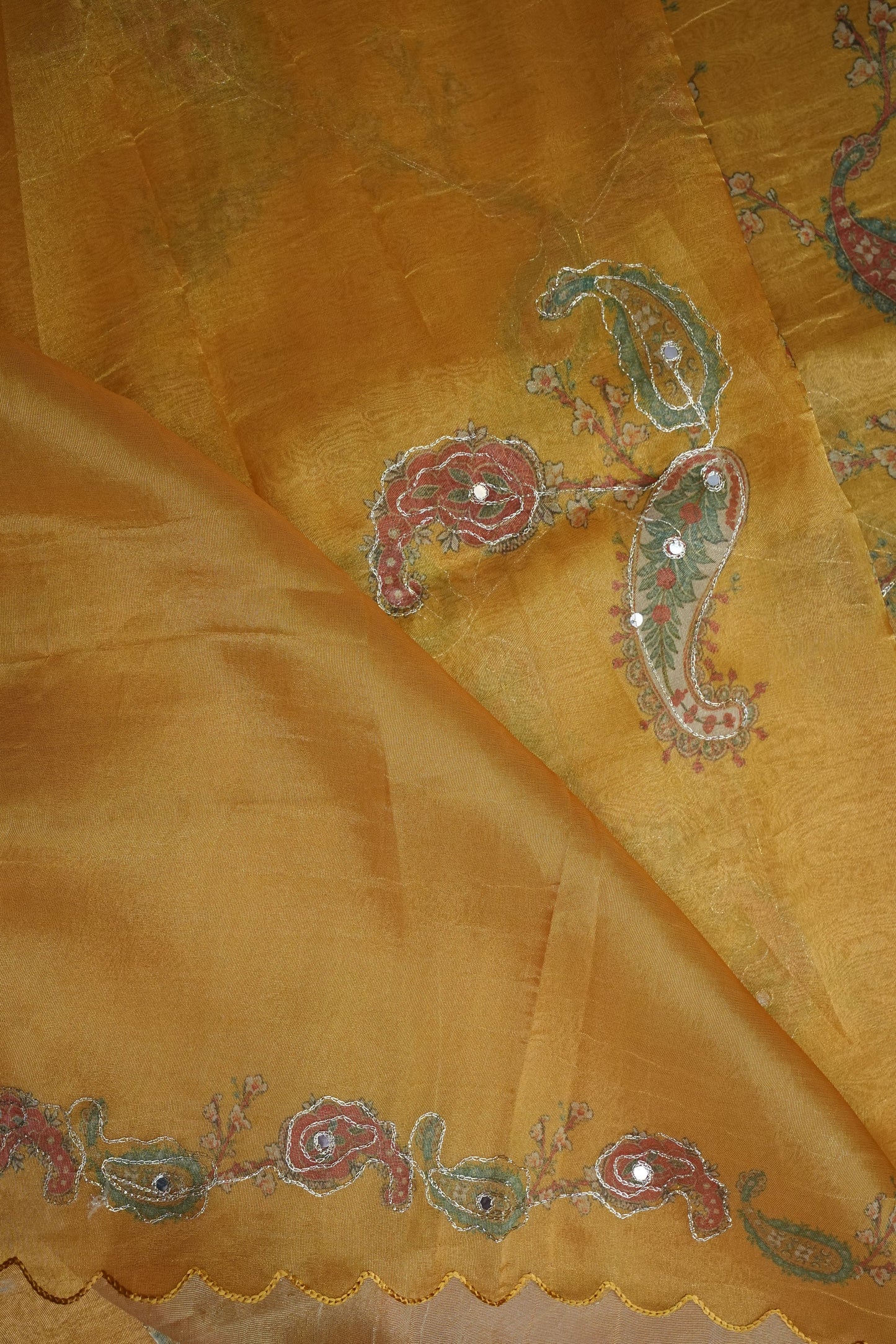 Bright Mustard Gold Glass Tissue Organza Designer Party Wear Saree