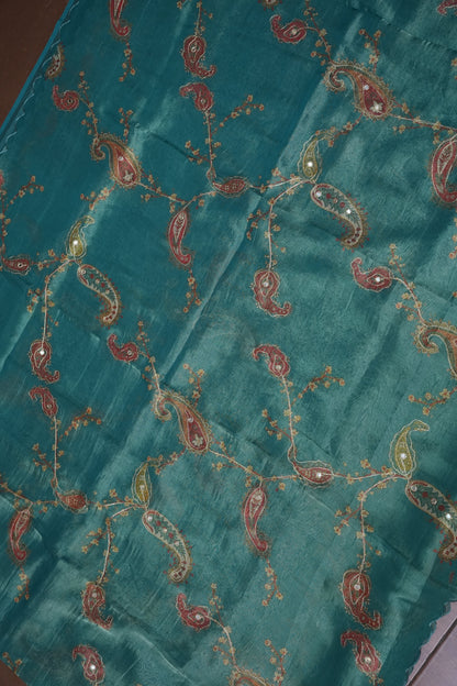 Teal Blue Glass Tissue Organza Designer Party Wear Saree