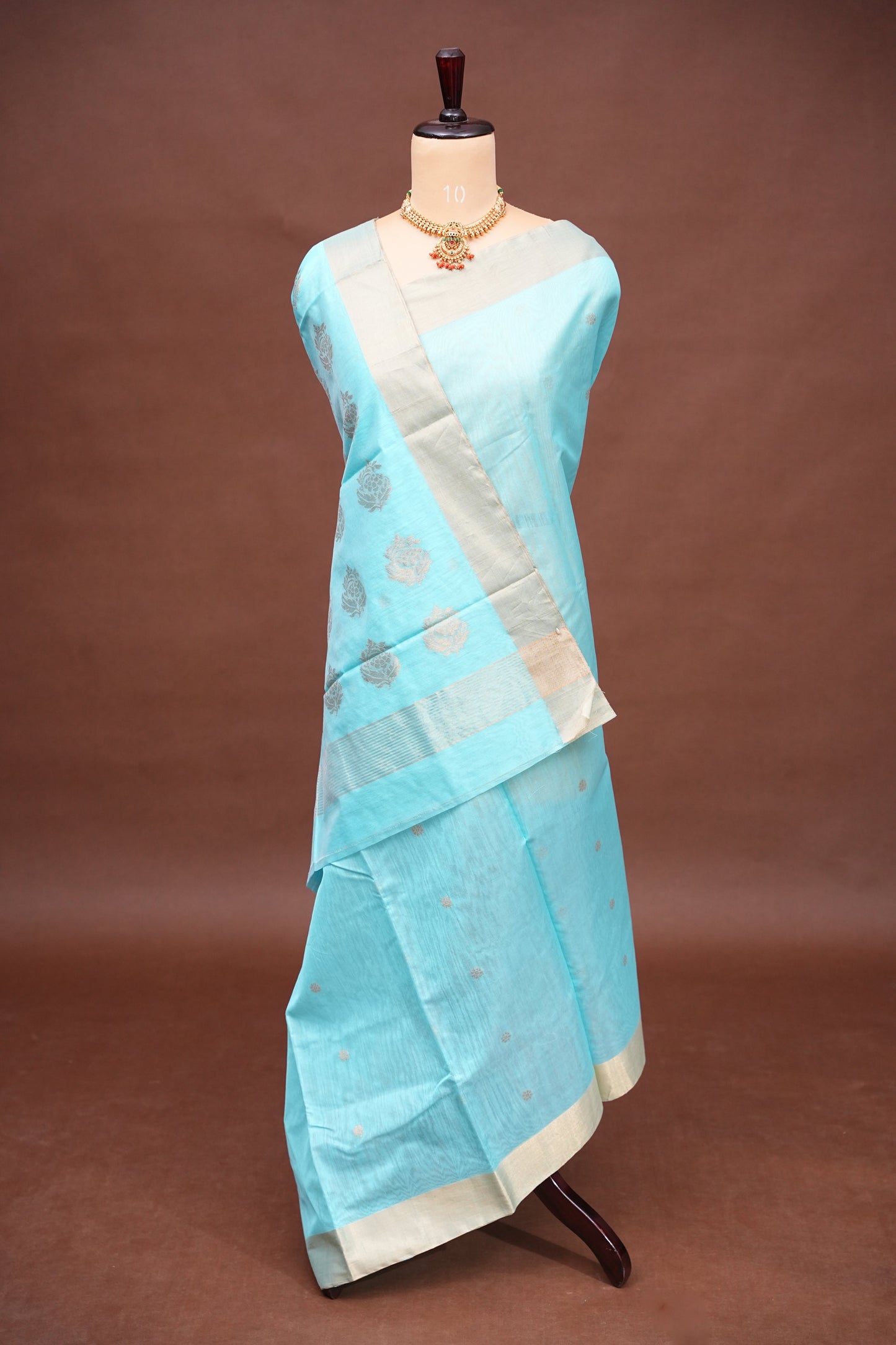 Pure Chanderi Silk Saree with Zari Buttas & Tissue Border - Sky Blue