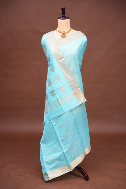 Pure Chanderi Silk Saree with Zari Buttas & Tissue Border - Sky Blue