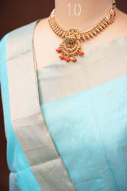 Pure Chanderi Silk Saree with Zari Buttas & Tissue Border - Sky Blue