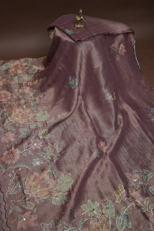Mauve Shade Glass Tissue Organza Designer Party Wear Saree