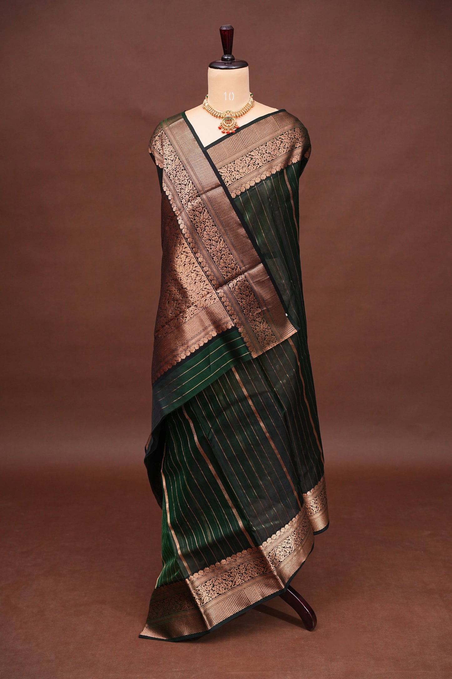 Pure Chanderi Silk Saree with Zari Buttas & Tissue Border - Deep Green