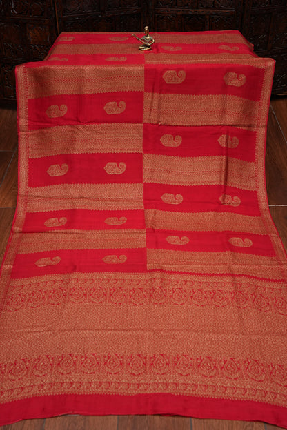 Tussar Banarasi Raw Silk Saree – Regal Red with Gold Mango Buttis