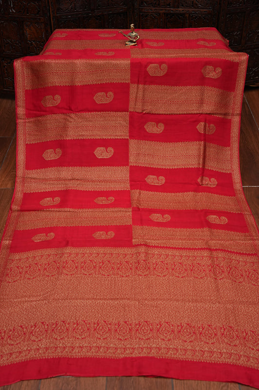 Tussar Banarasi Raw Silk Saree – Regal Red with Gold Mango Buttis