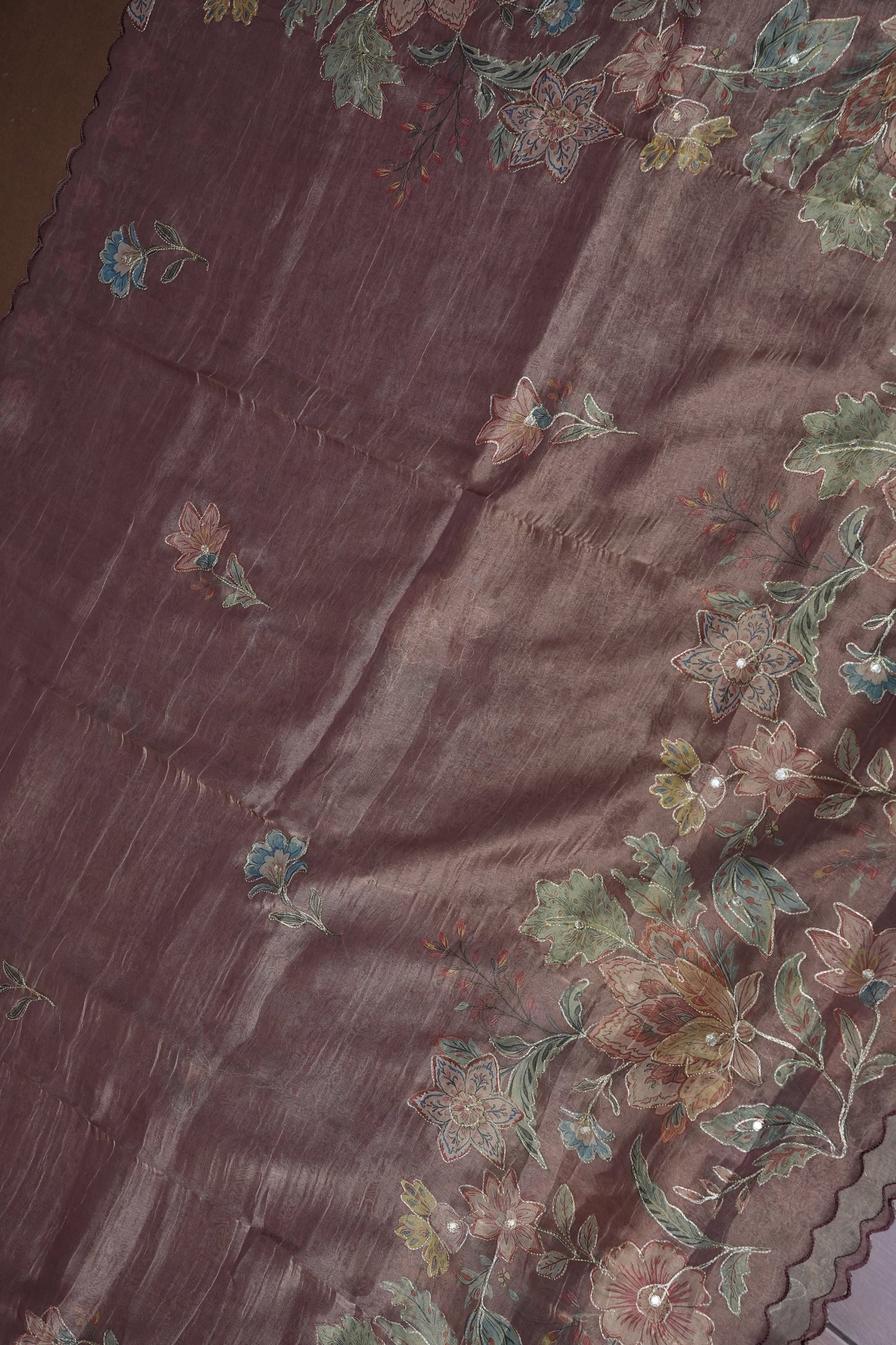 Mauve Shade Glass Tissue Organza Designer Party Wear Saree