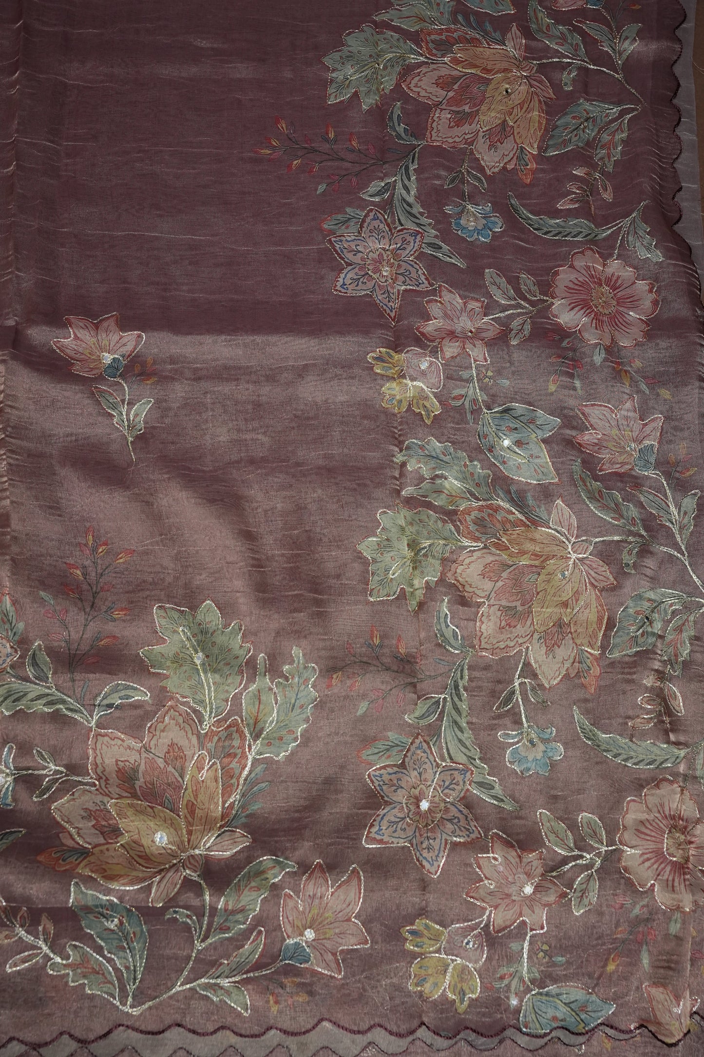 Mauve Shade Glass Tissue Organza Designer Party Wear Saree