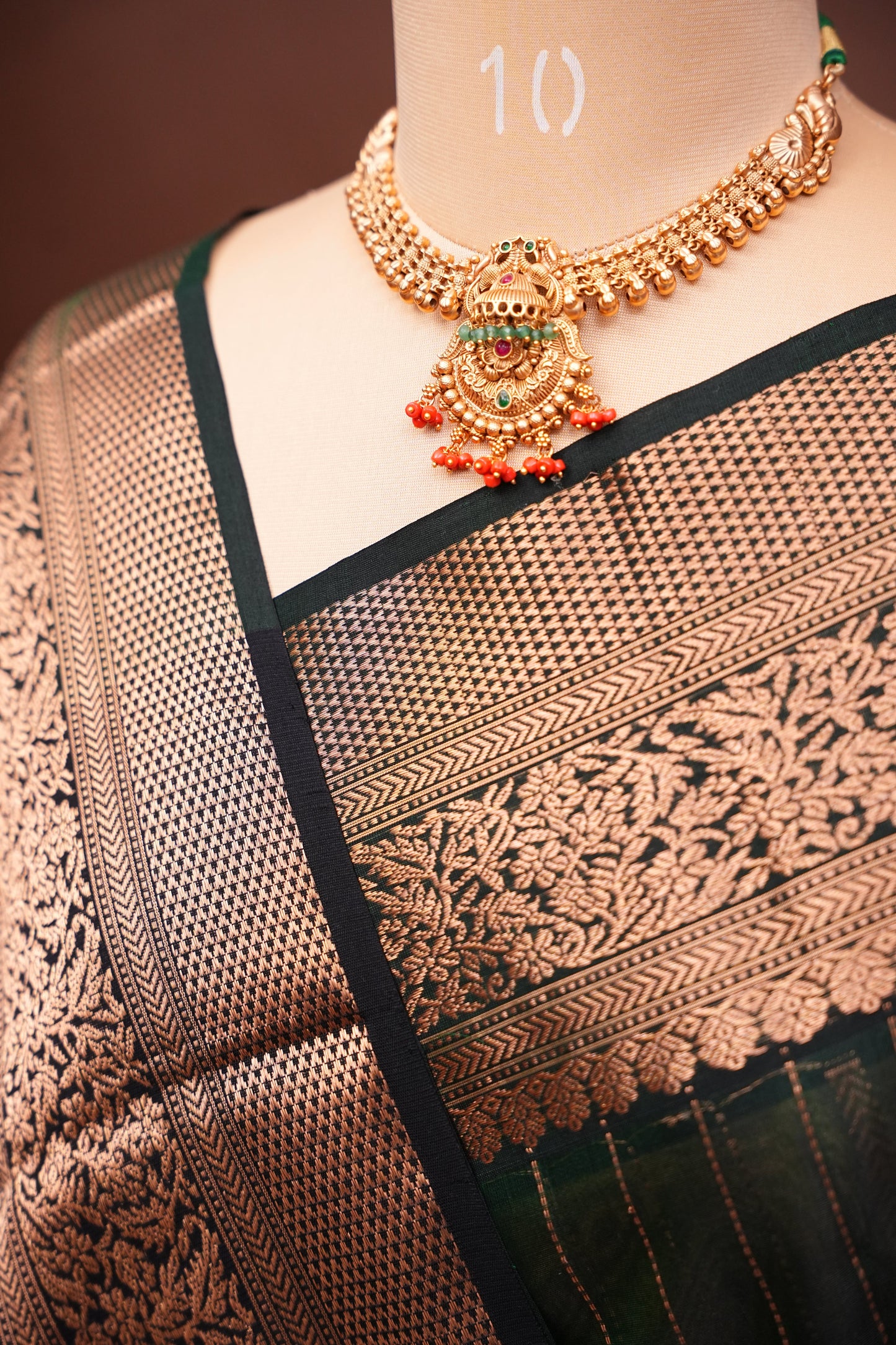 Pure Chanderi Silk Saree with Zari Buttas & Tissue Border - Deep Green