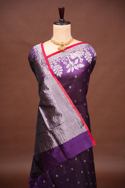 Pure Chanderi Silk Saree with Zari Buttas & Tissue Border - Royal Purple
