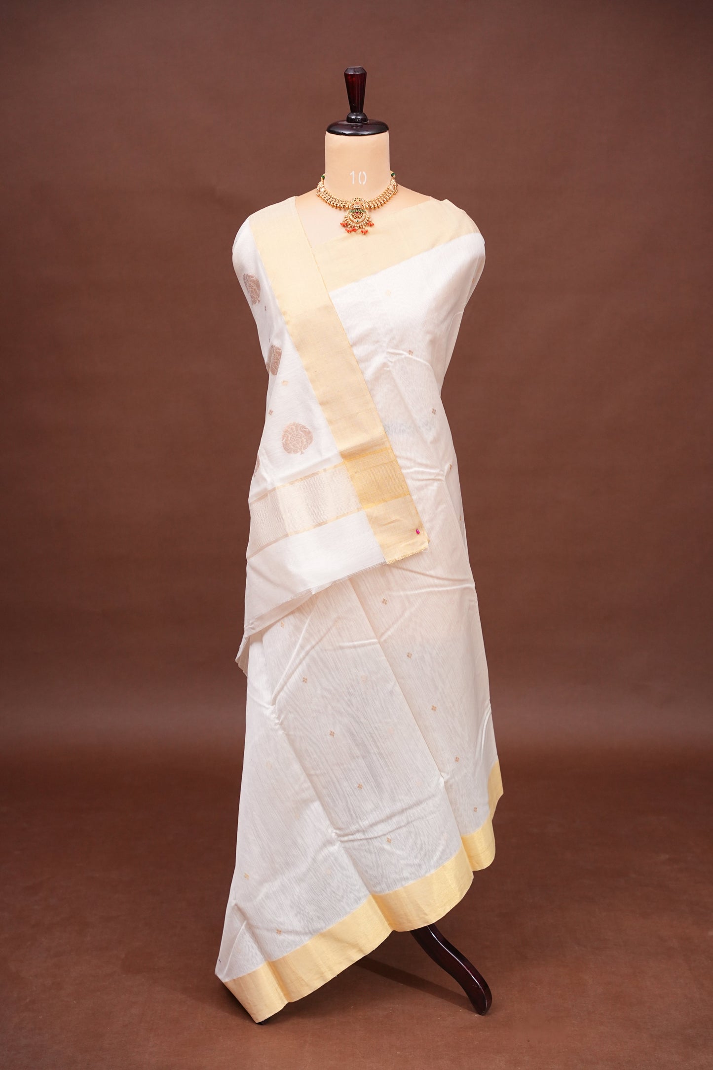 Pure Chanderi Silk Saree with Zari Buttas & Tissue Border - White