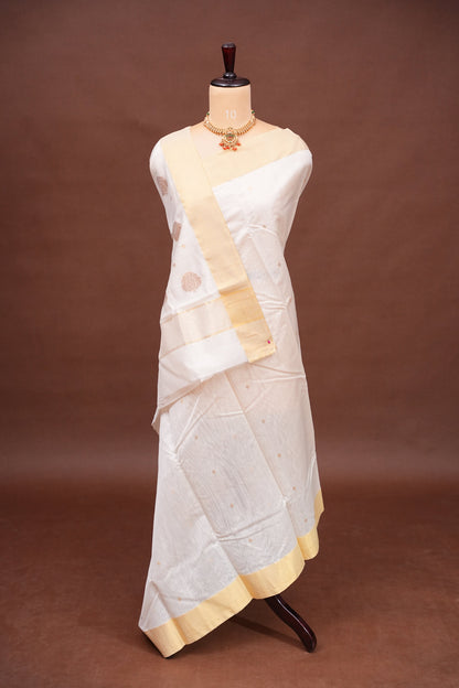 Pure Chanderi Silk Saree with Zari Buttas & Tissue Border - White