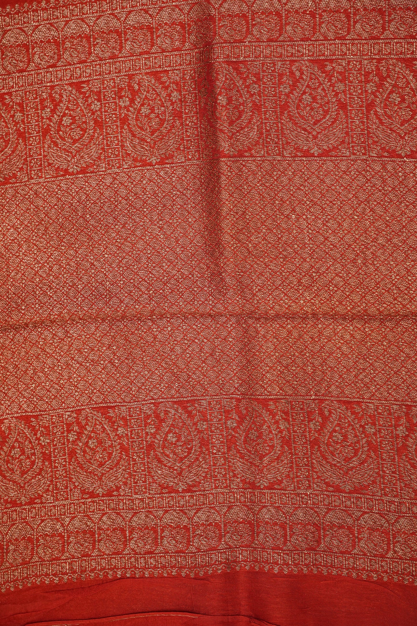 Tussar Banarasi Raw Silk Saree – Vermilion Red with Gold Mango Buttis