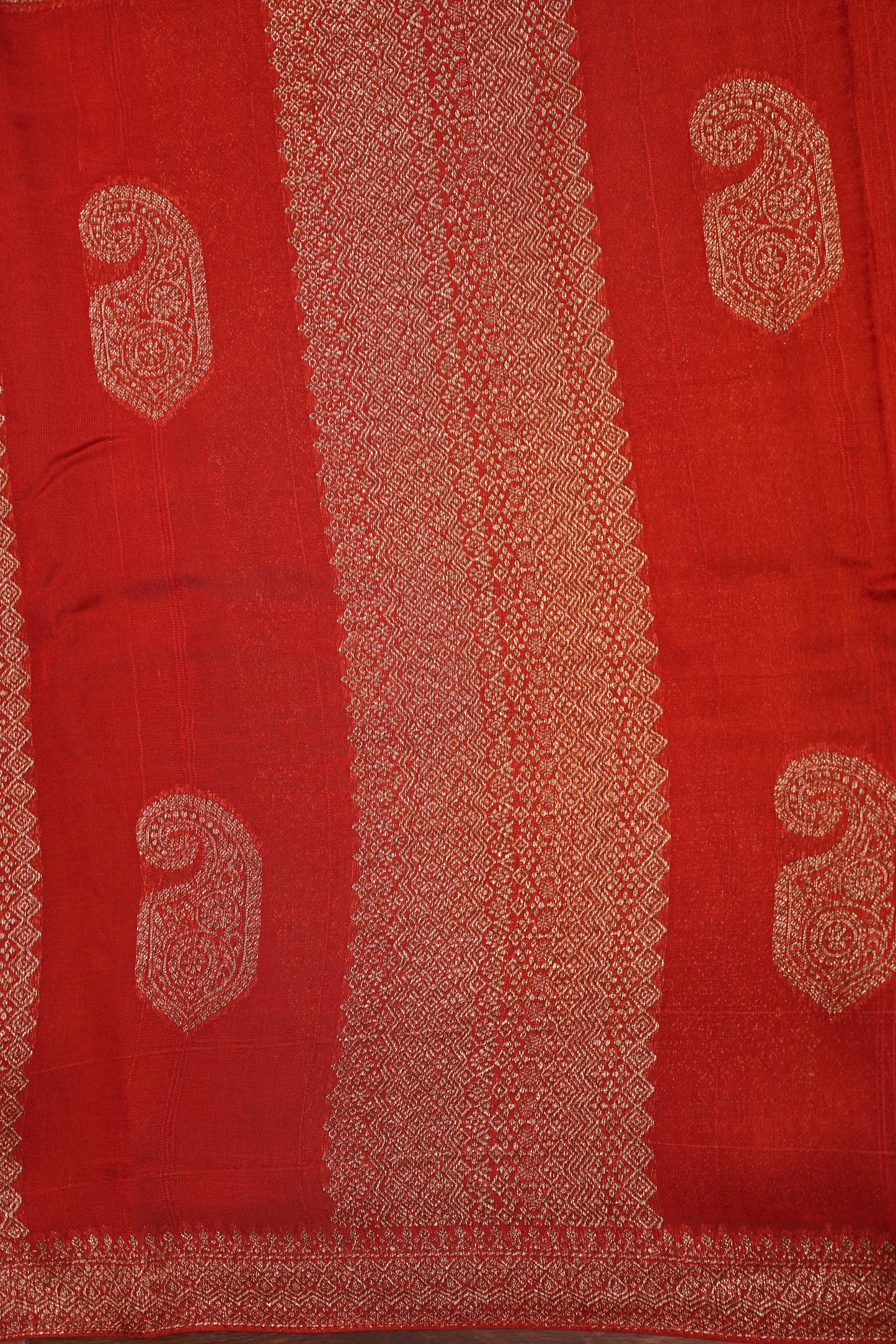 Tussar Banarasi Raw Silk Saree – Vermilion Red with Gold Mango Buttis
